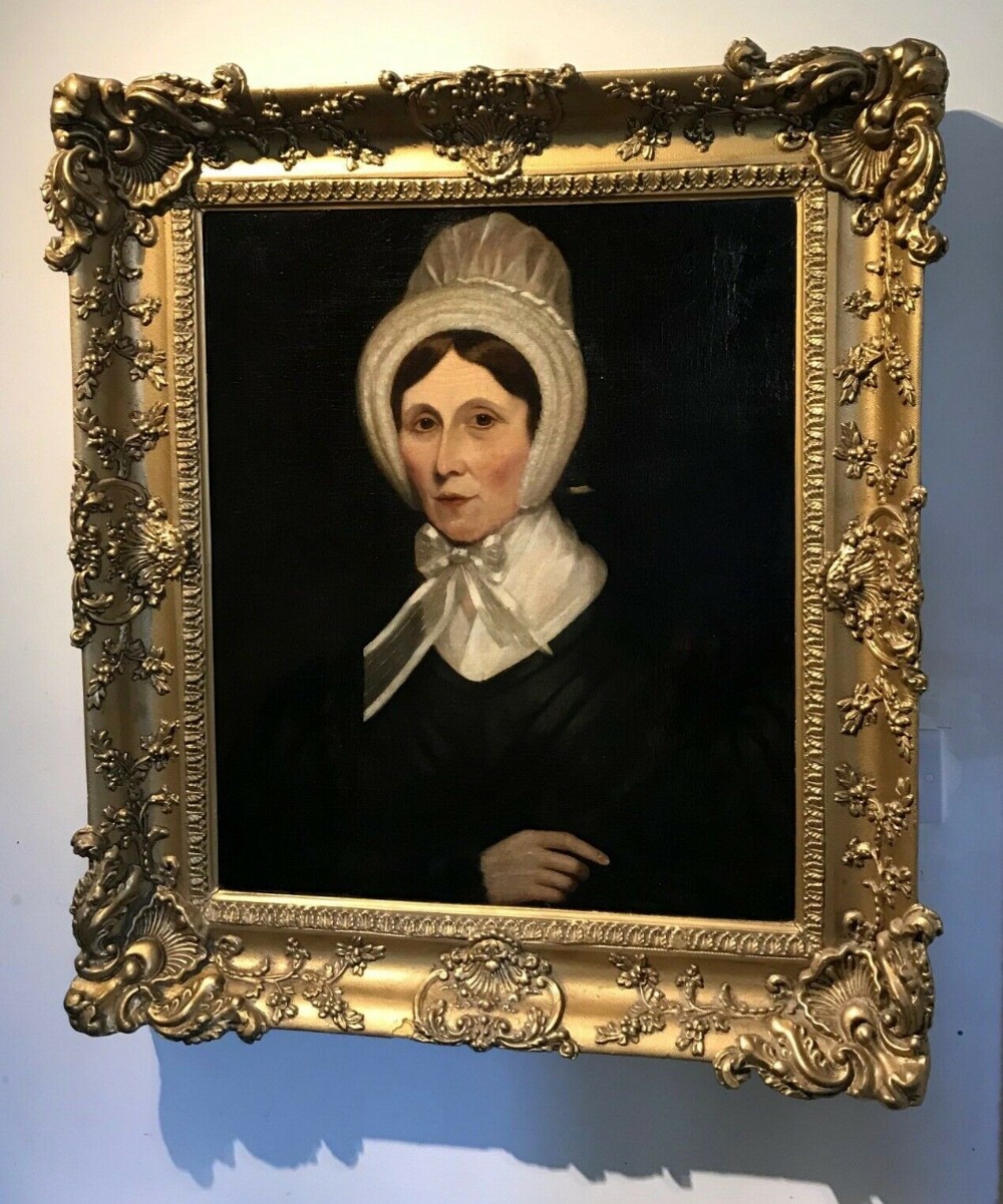 Original 19th Century Antique English School Decorative Gilt Framed Oil Painting on Canvas Portrait Lady in Ribbon Tied Bonnet