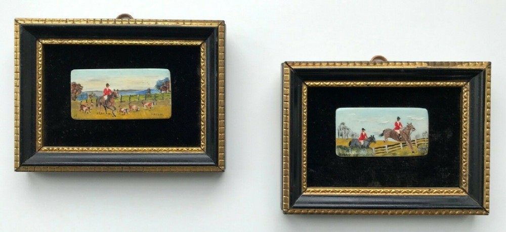 John Dean RMS signed & dated A PAIR of Miniature Piano Key Oil Paintings Fox Hunting Landscapes in Hogarth Frames
