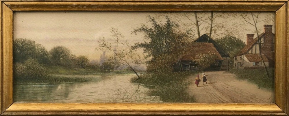 James Lawson Stewart Monogrammed Original 19th Century English Antique Watercolour Painting Kent River & Farmstead Landscape with Figures