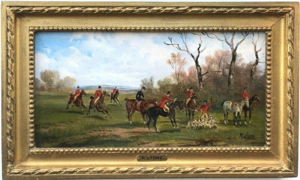 R Stone (Alfred Steinacker) Signed original Mid 19th Century English Antique Oil Painting on Panel Fox Hunting Scene 1 
