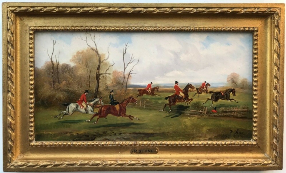 R Stone (Alfred Steinacker) Signed Original 19th Century English Antique Oil Painting on Panel Fox Hunting Landscape No 2 Taking a fence