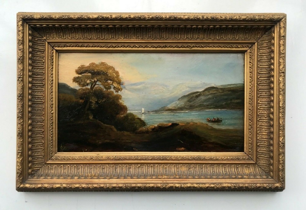 Signed Original Indistinctly Signed Antique Oil Painting Lake Mountain Figures & Boat Scene