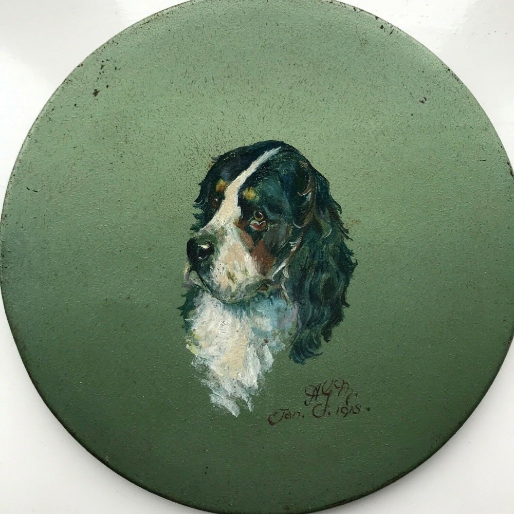 Signed with Monogram AGM Original 1918 WW1 Period Oil Painting on a Tin Plate Portrait of a Spaniel Dog