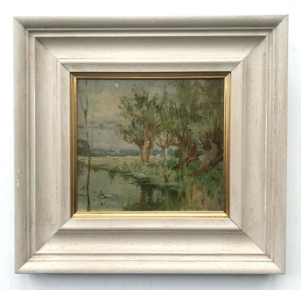 Original Vintage Oil Painting English School River View Landscape Cherwell in Oxfordshire