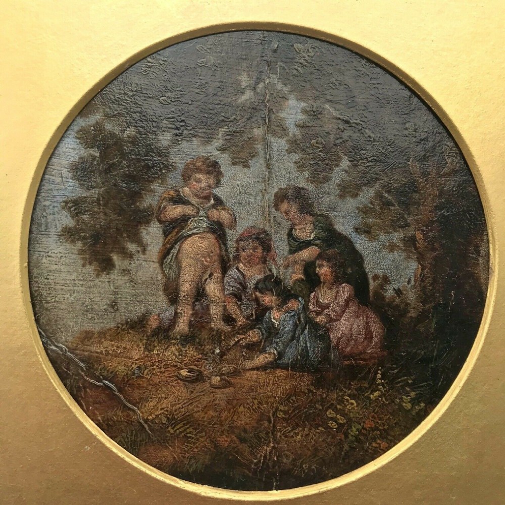 Original English 19th Century Antique Oil Painting  Indistinctly Signed & Dated Children under Tree Titled Recipe for Making Sand Pies