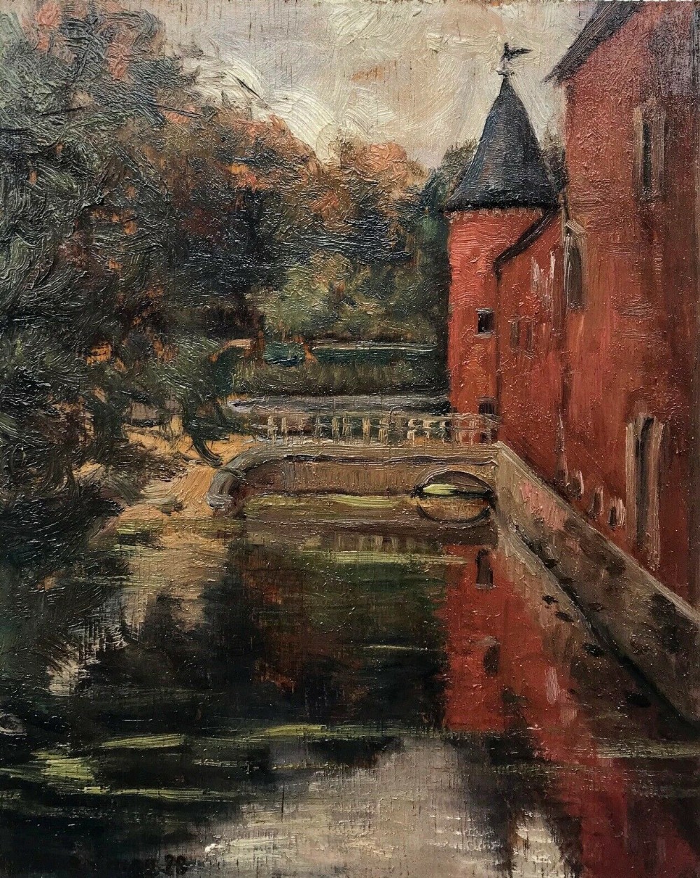 Paule Bisman Signed (Belgian 1897-1973) Dated 1923 Original Oil Painting on Wood Panel Franc-Waret Castle landscape