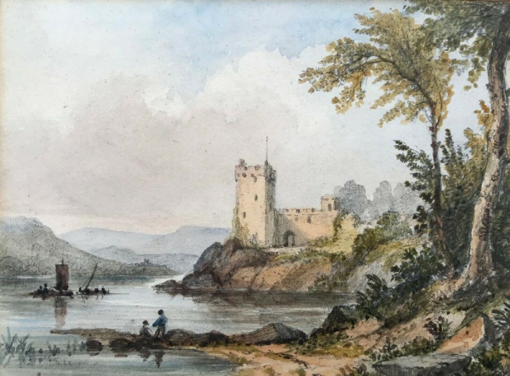 Charles Ward fl.1826-1869 Original 19th Century Antique Watercolour Painting Scottish Castle Loch Landscape