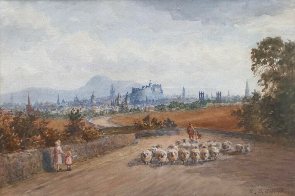 Robert Brown Johnston Signed Original 19th Century Antique Watercolour Painting Queensferry Road Edinburgh Scotland