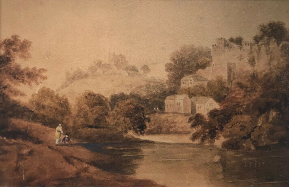 Original 18th Century Antique English Watercolour Painting Knaresborough Castle & River Nidd Yorkshire landscape