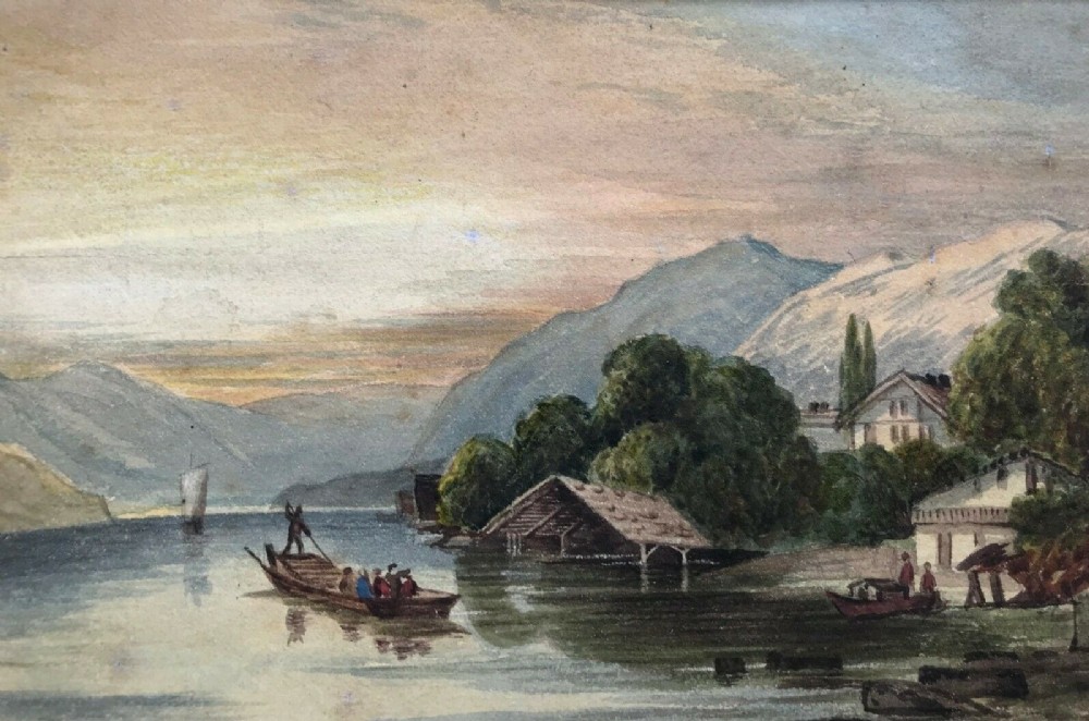 Continental School Original Antique Watercolour Painting Lake Mountain Landscape