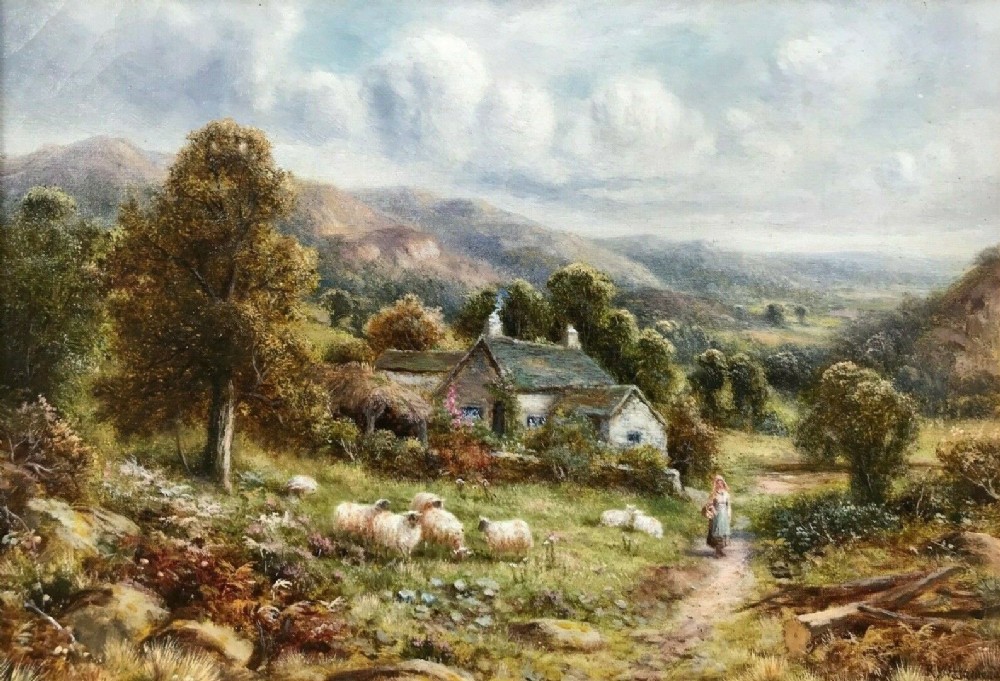 Robert John Hammond Original Antique Oil Painting Sheep & Cottage Landscape