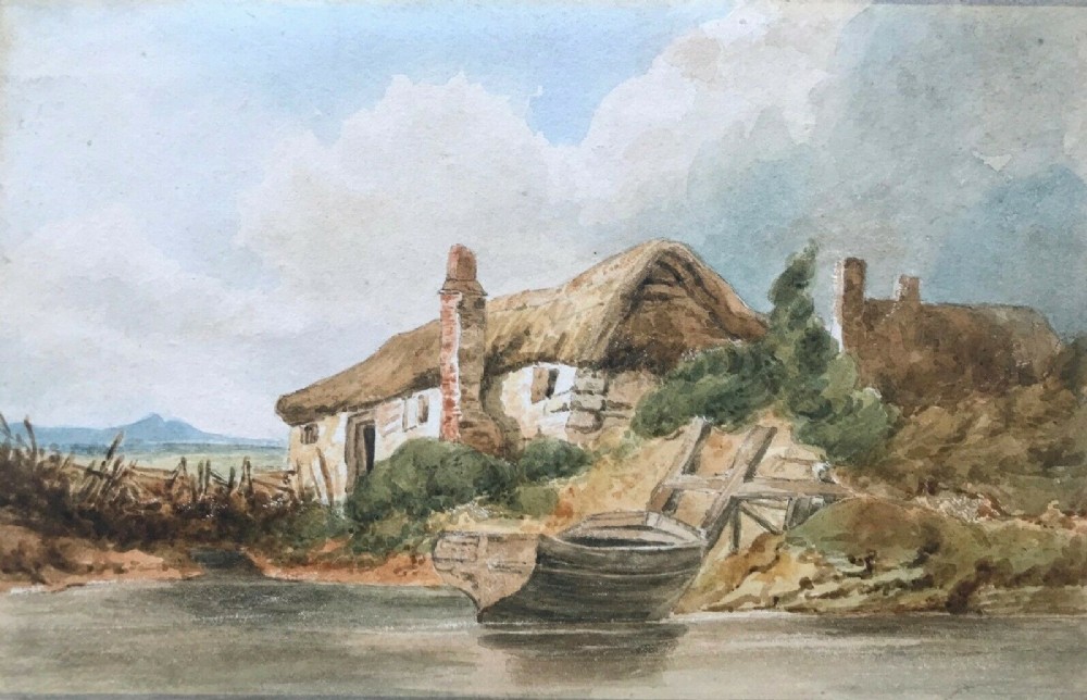 English School Original 19th Century Antique Watercolour Painting Rural Cottage & Boat Landscape