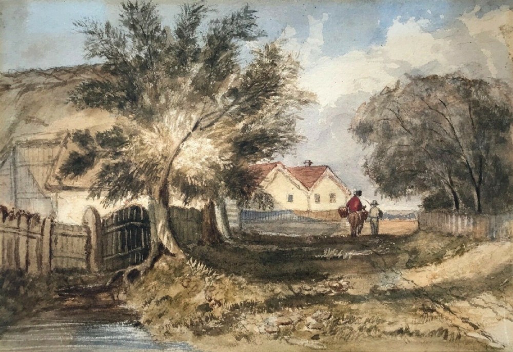 Indistinctly Signed Original Antique Watercolour Painting Figures Rural Village