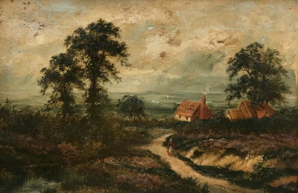 EDGAR LONGSTAFFE  Signed Original Antique English School Oil Painting on Board Cottage & Figure by the Sea