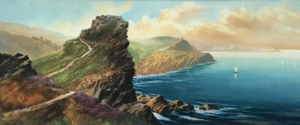 Signed Roland Stead Original Vintage Gouache Watercolour Painting Valley of the Rocks Lynton North Devon English Seascape