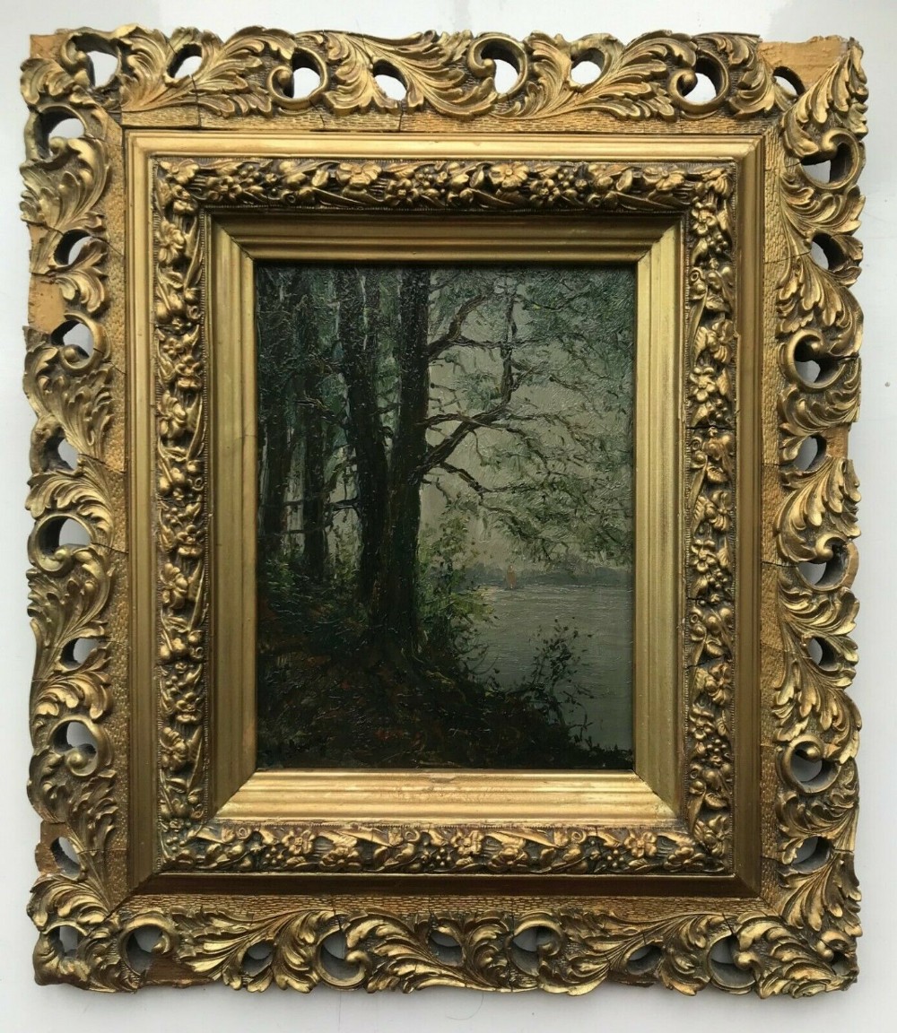 Signed French School Original 19th Century Antique Oil Painting on Wood Panel Tree & Lake Impressionist Landscape