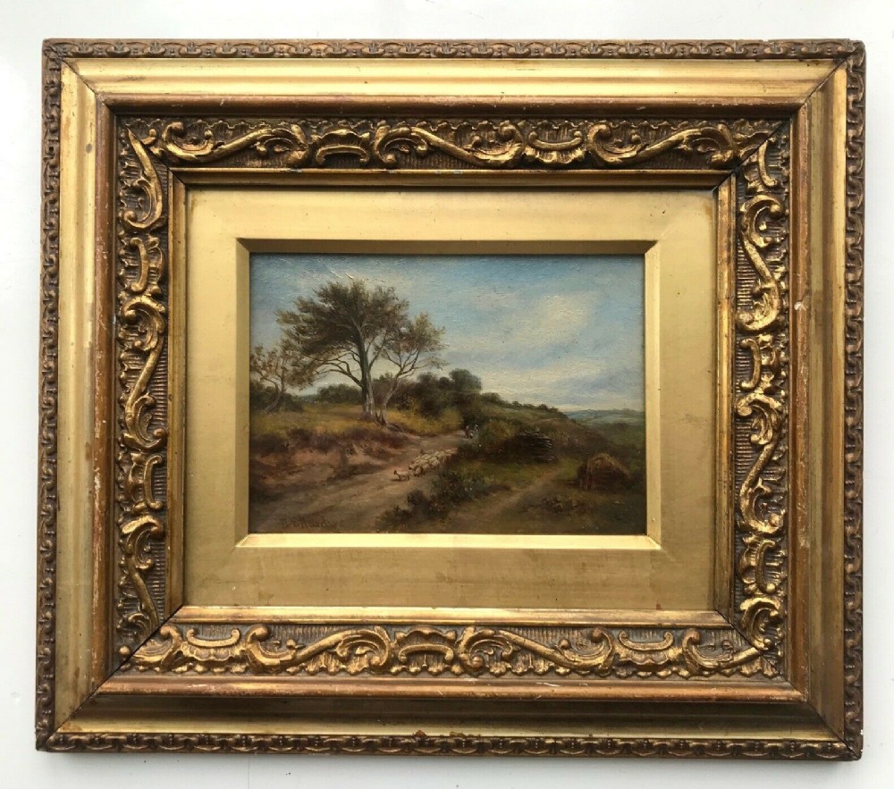 W F Hardy Signed Original Antique Oil Painting on Wood Panel Sheep & Figures Landscape
