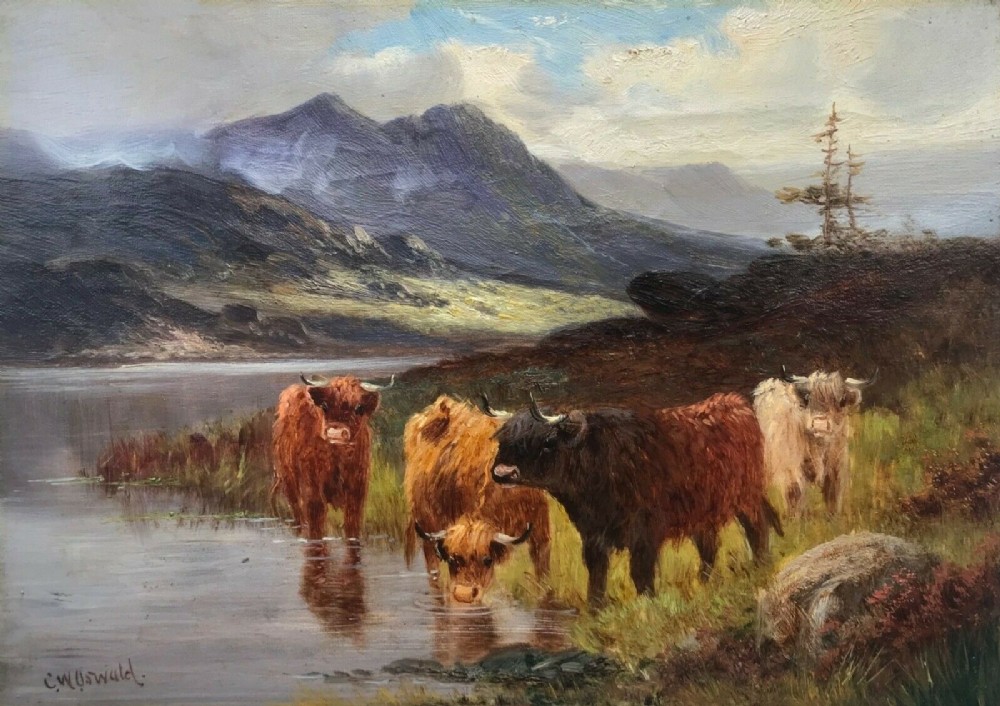 Charles W Oswald Signed Original 19th Century Antique Oil Painting on Canvas Highland Cattle & Scottish Mountain Landscape Scene
