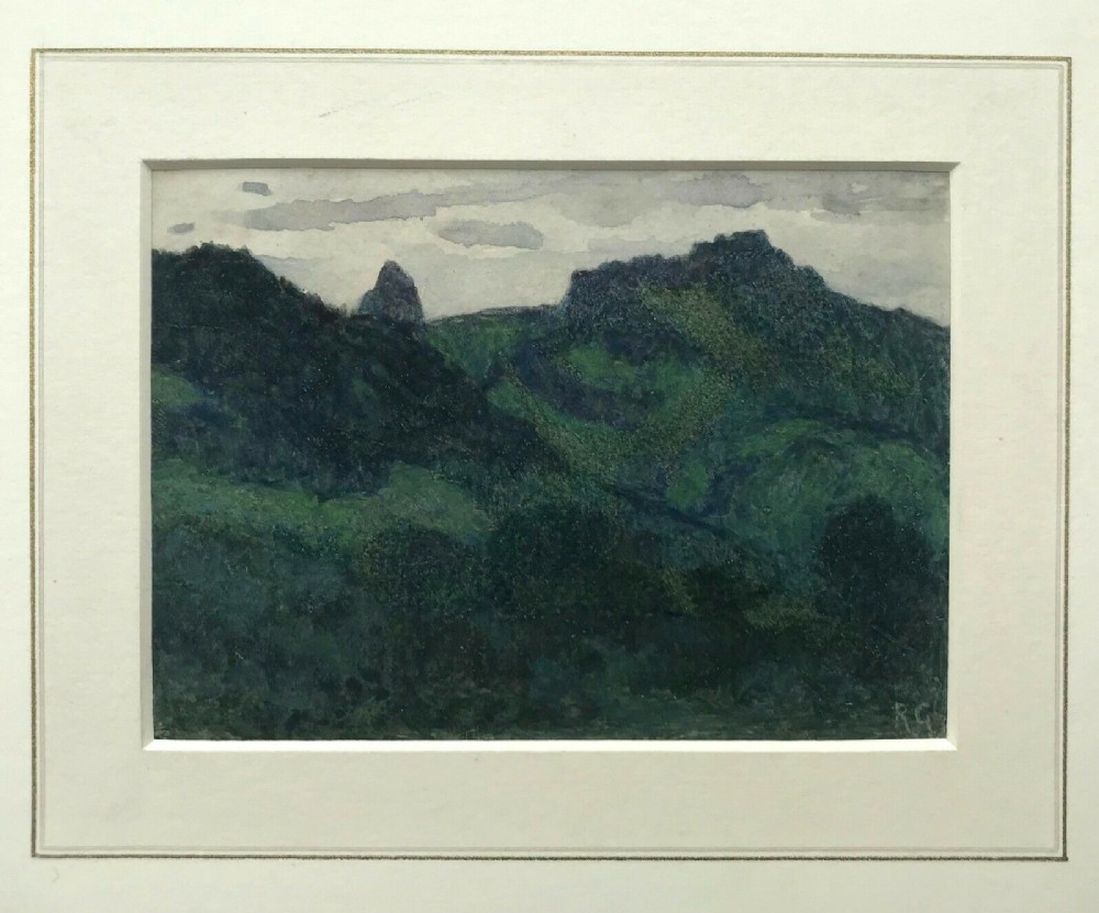 Monogram RG Signed Original Antique Watercolour Painting Landscape Mountain landscape