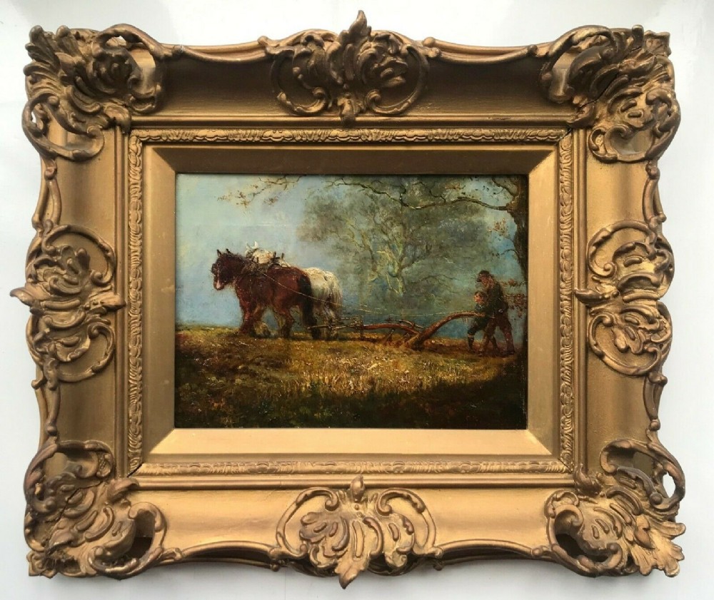 Indistinctly Signed Original 19th Century Antique Framed Oil Painting on Canvas Horse & Plough Landscape