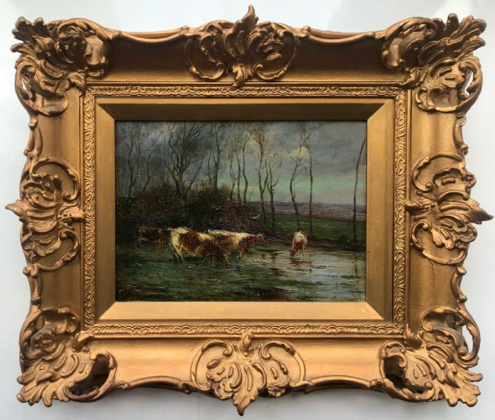 Indistinctly Signed P Foley Original 19th Century Antique Gilt Framed Original Oil Painting on Canvas Cattle Watering River Landscape
