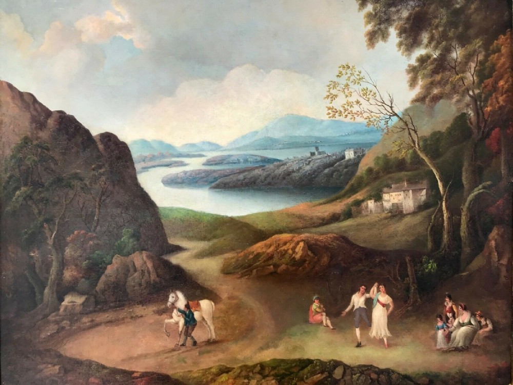 Manner of Jacob Philipp Hackert Original circa 1700 Antique Oil Painting on Canvas Figures in a Classical Landscape