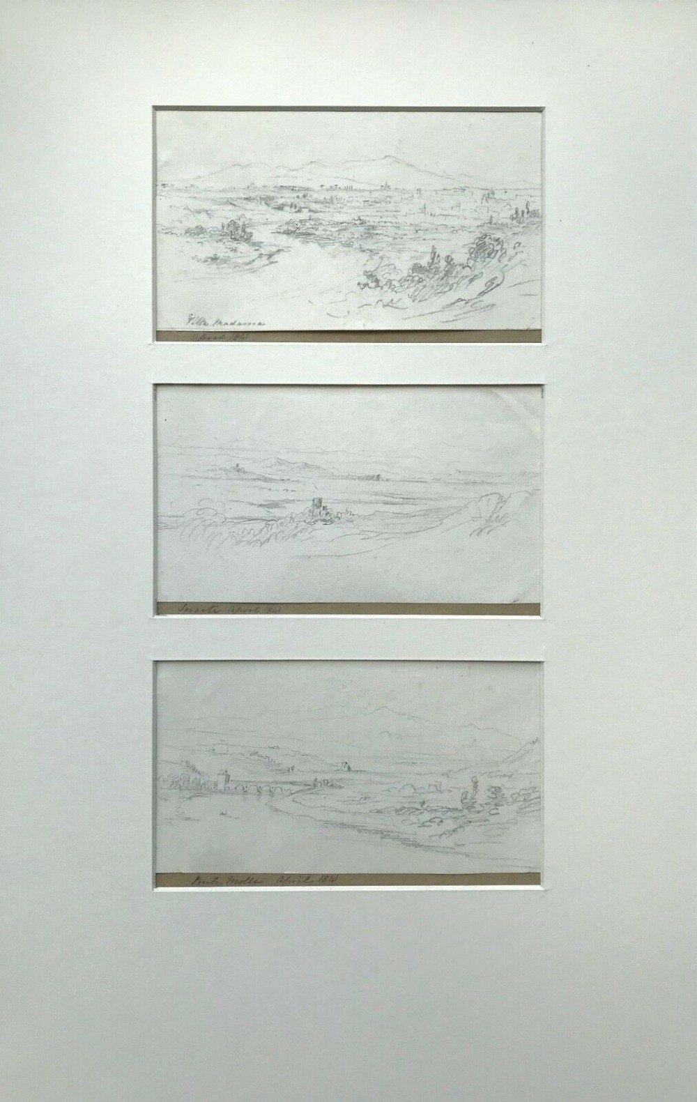 Triptych Antique Dated 1841 Original Signed Pencil Study Drawings of Italian Landscapes