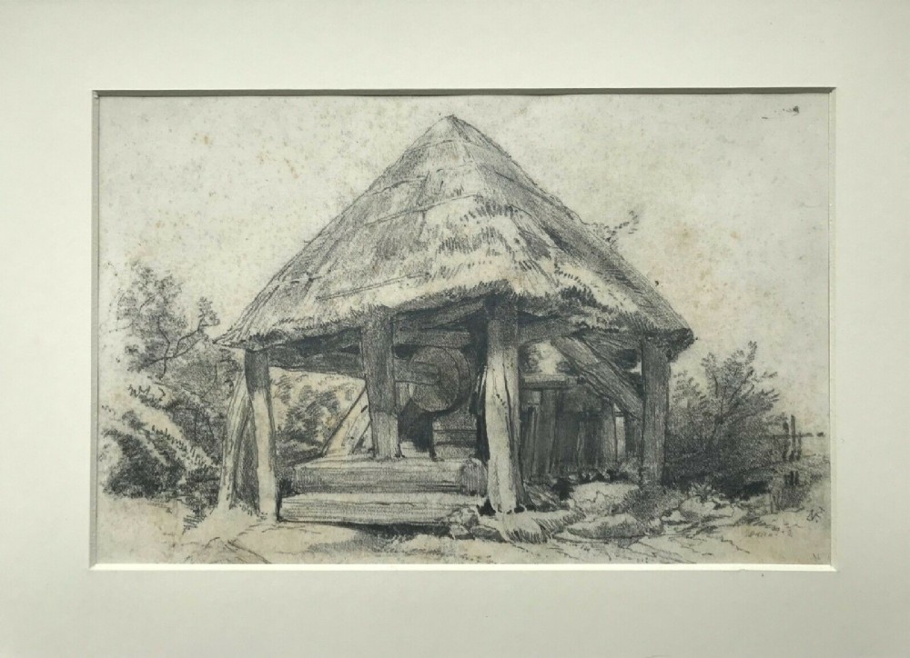 View of an Old Well Signed Original Antique Pencil Drawing Sketch Study 19th Century Landscape