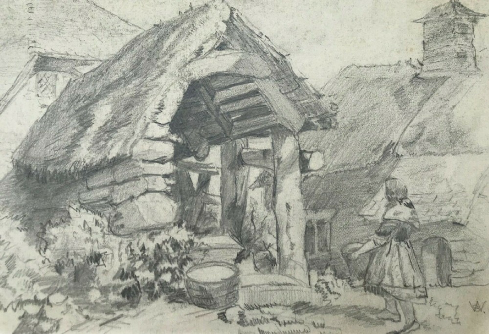 View of a Stone Cottage & Girl Signed with Monogram Original Antique Pencil Drawing Sketch Study 