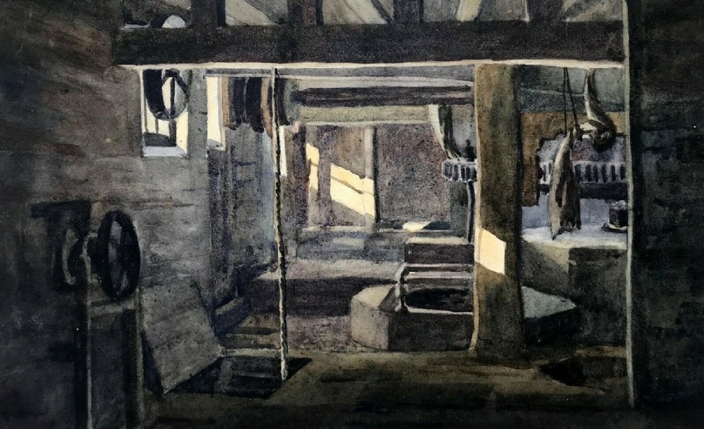 Original 19th Century Antique Watercolour Painting Old Mill Interior Architecture Scene