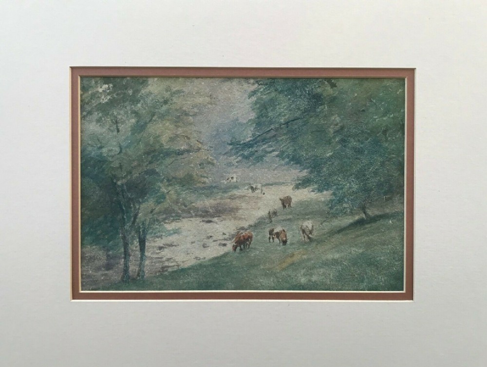 English School Early 20th Century Original Antique Watercolour Painting Cattle Grazing by Riverside 