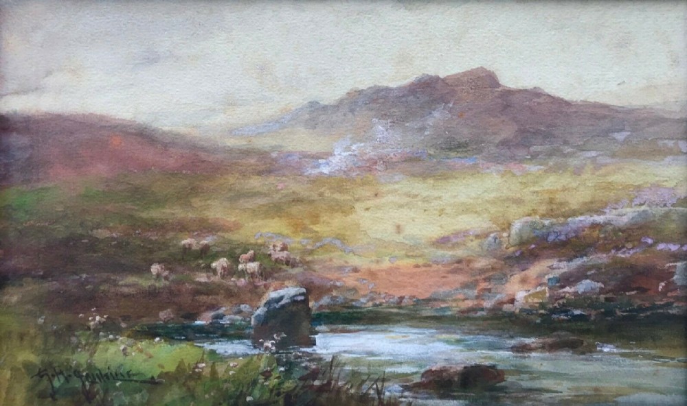 George Henry Jenkins Signed Original Antique Watercolour Painting Sheep on Dartmoor Landscape