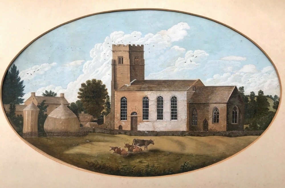 English Naïve School Original Antique Watercolour Landscape Painting Cattle before a Church