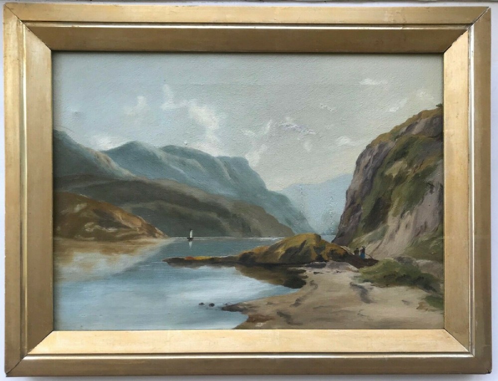 Original Antique Oil Painting on Canvas Lake & Mountain Landscape in Gilt Slip