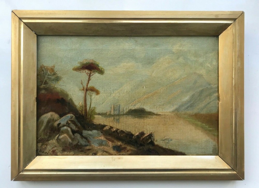 Signed Baker Original 19th Century Antique Oil Painting Lake & Castle, Scottish Landscape