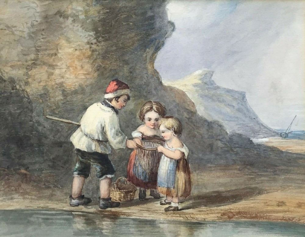 Original 19th Century English School Antique Watercolour Painting Children Rock pooling Seascape