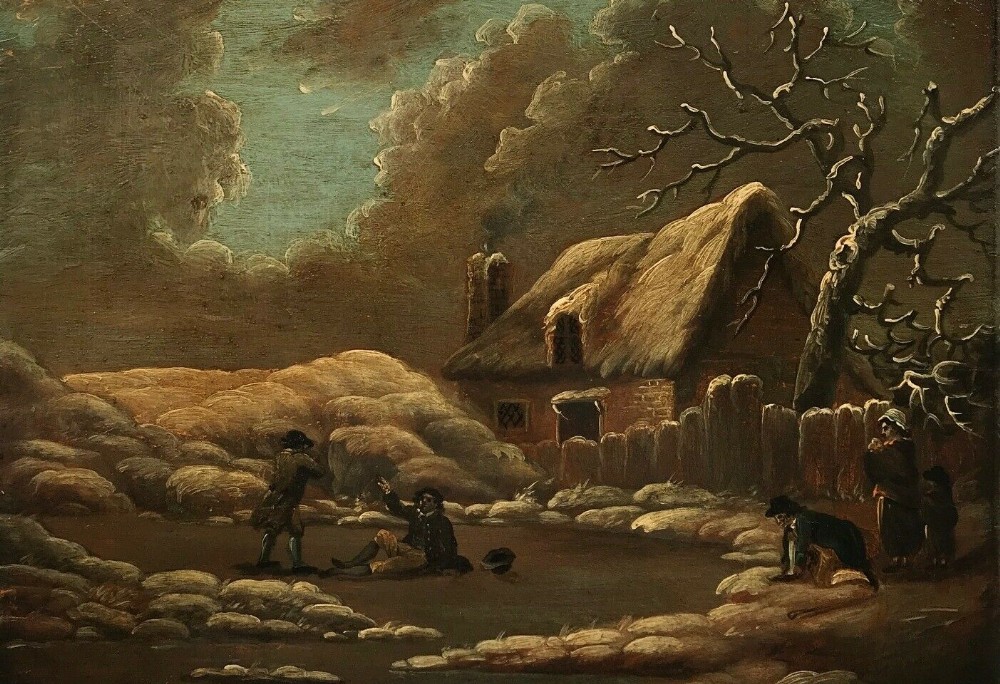 Dutch School Original 19th Century Antique Oil painting on Wood Panel Figures in a Winter Landscape