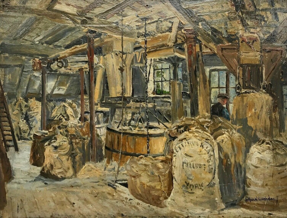 Arthur W Newsholme Original C19th Antique Oil Painting on Board Harrogate Mill Yorkshire Landscape