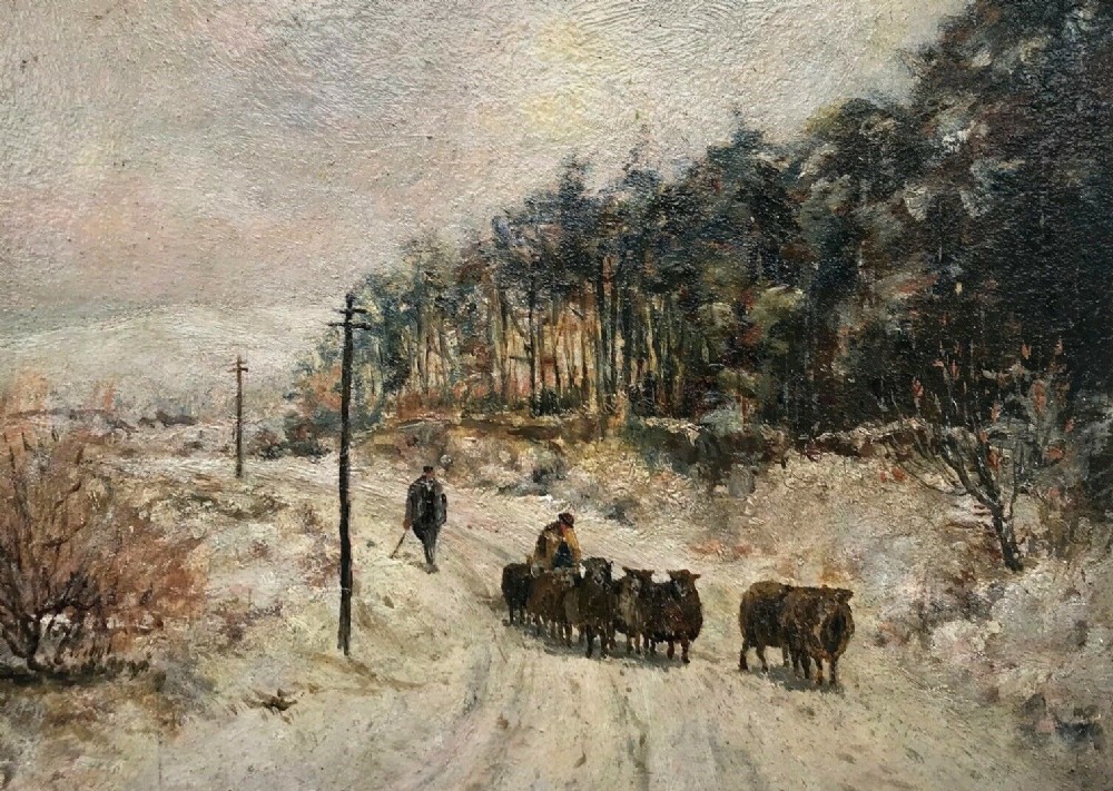 Arthur W Newsholme Original 19th Century Oil Painting on Board sheep in Washburn Valley Norwood Edge Winter Landscape