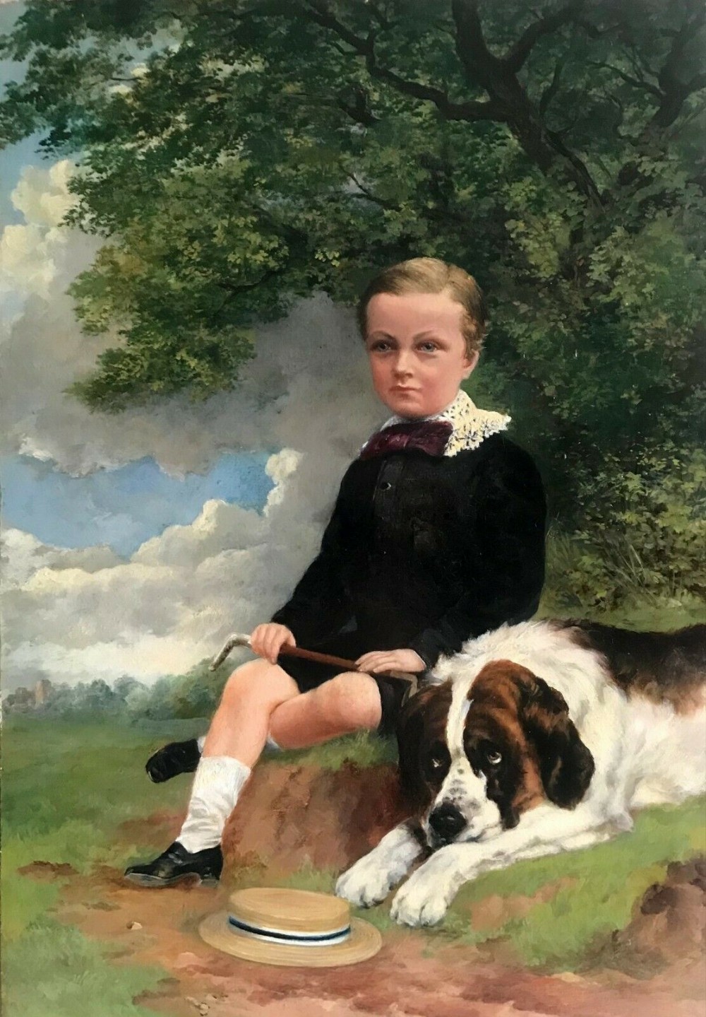 Antique British School Original Oil Painting on Board Portrait of a Seated Boy & St Bernard Dog in an English Landscape