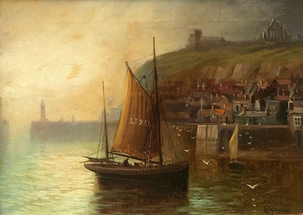 Walter Linsley Meegan Signed Original Oil painting Whitby Harbour with Fishing Boats, Abbey & St Mary's Church Yorkshire Seascape