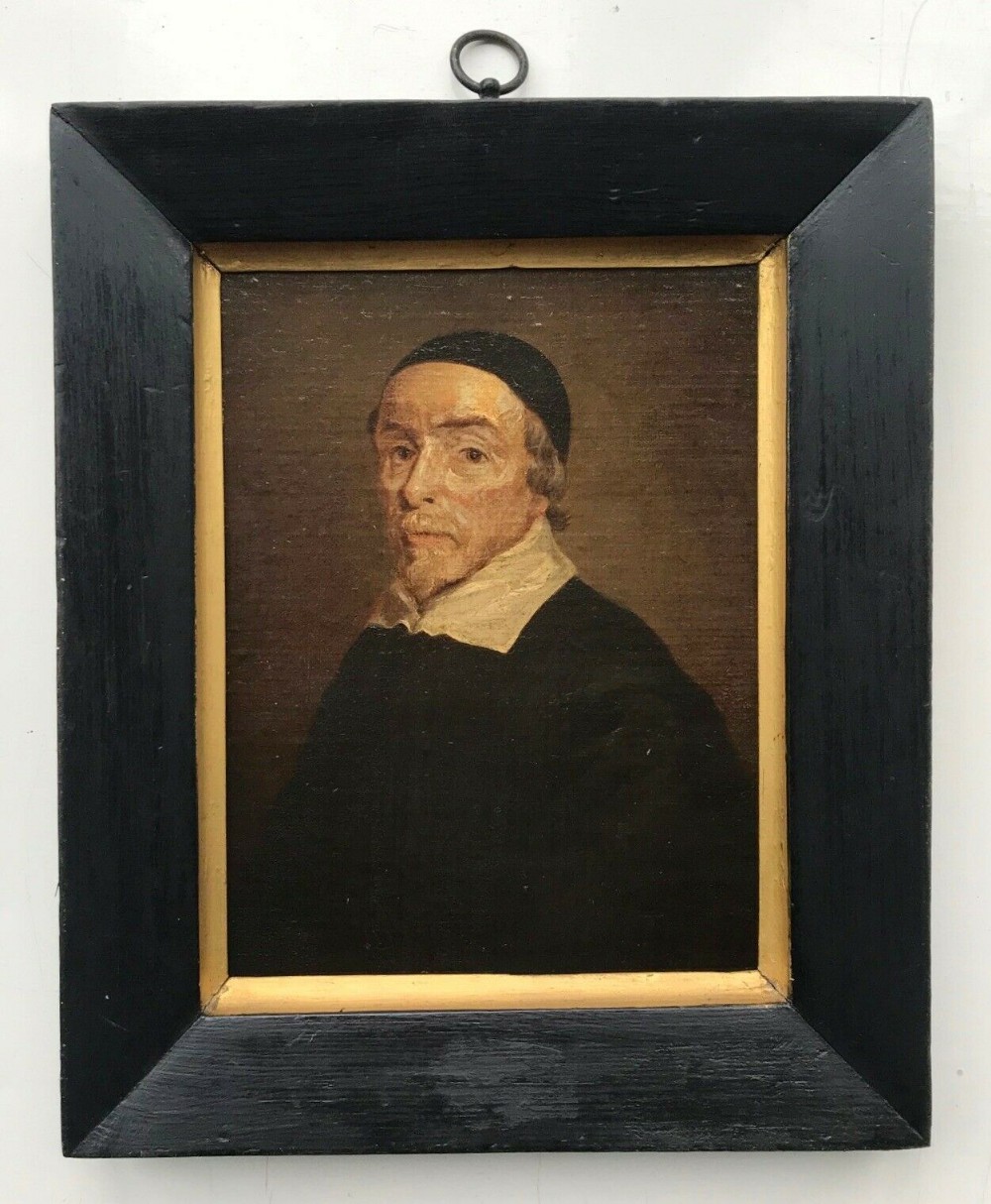 Antique Original 19th Century Oil Painting Canvas attached to Panel, Portrait of a Gentleman Cleric in Ebonized Frame