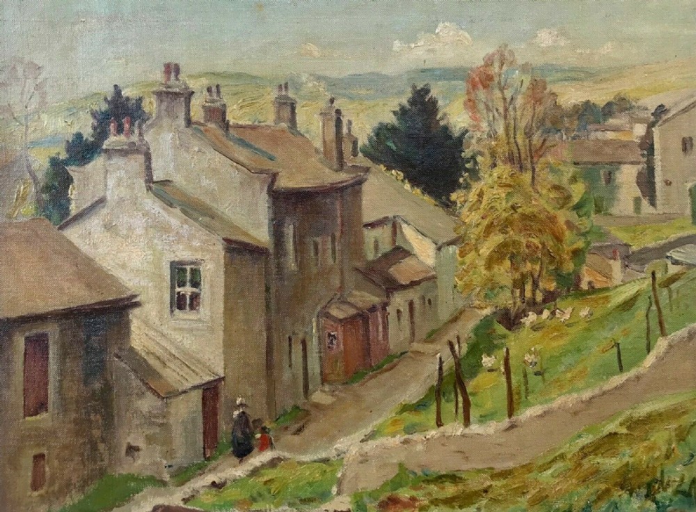 P W Oliver Signed Original Antique Oil Painting on Canvas English Village Landscape Scene