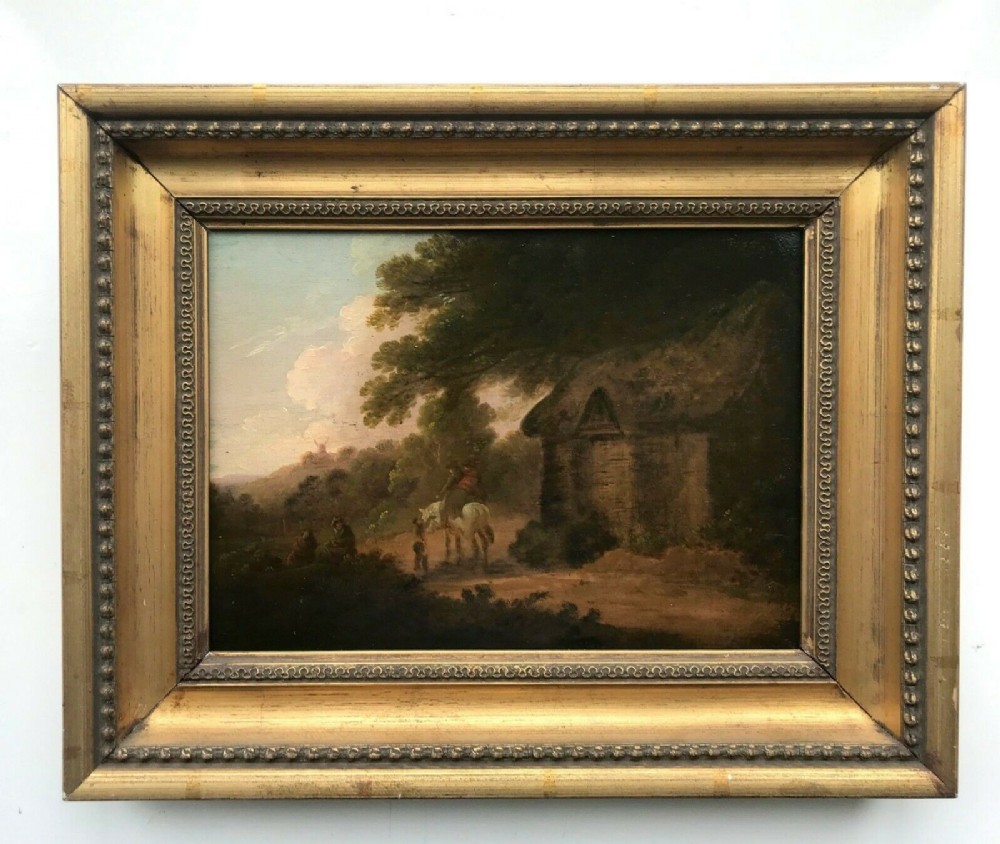 Manner of Julius Caesar Ibbotson Original English School Antique Oil Painting on Wood Panel Figures Landscape