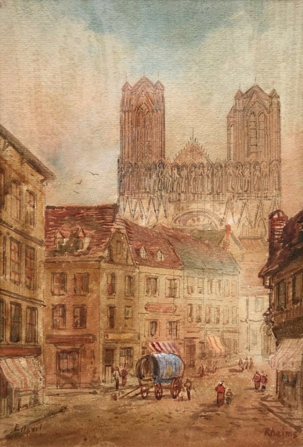 E Nevil Signed Original 19th Century Antique Watercolour Painting Rheims