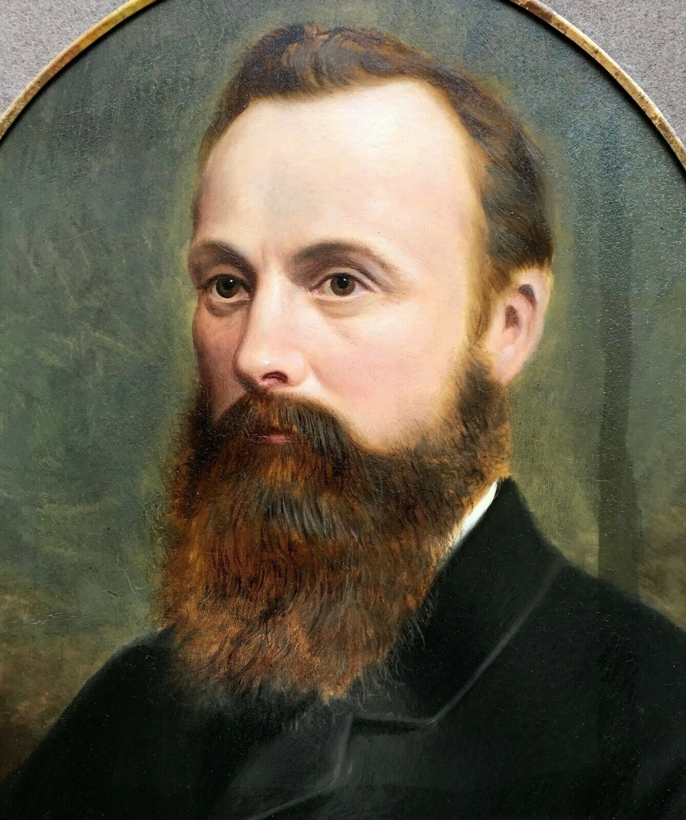 Antique Late 19th Century Original Oil Painting on Board Oval Bust Portrait of Gentleman