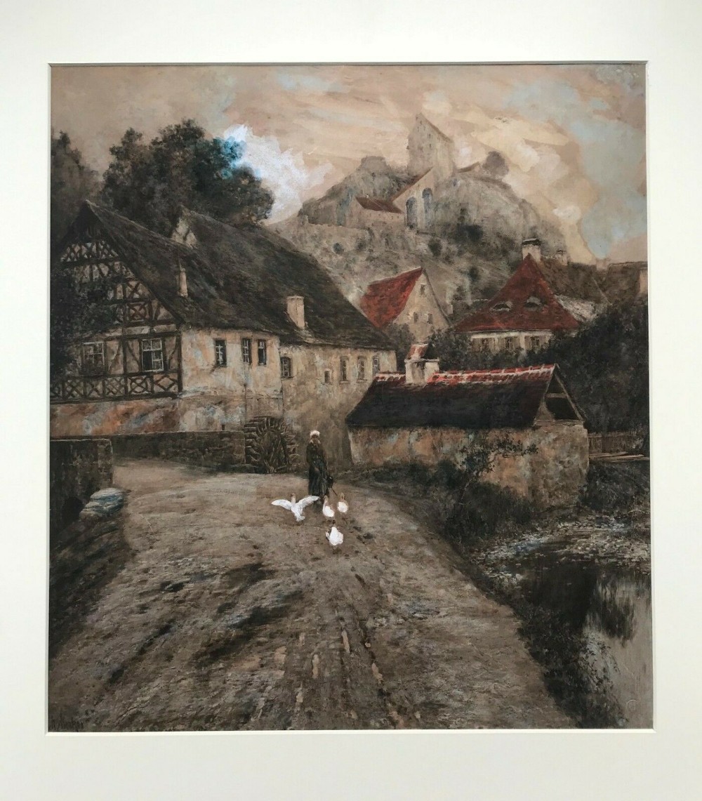 Signed Original Antique Watercolour Painting Figure & Geese by a Mill in Castle Landscape