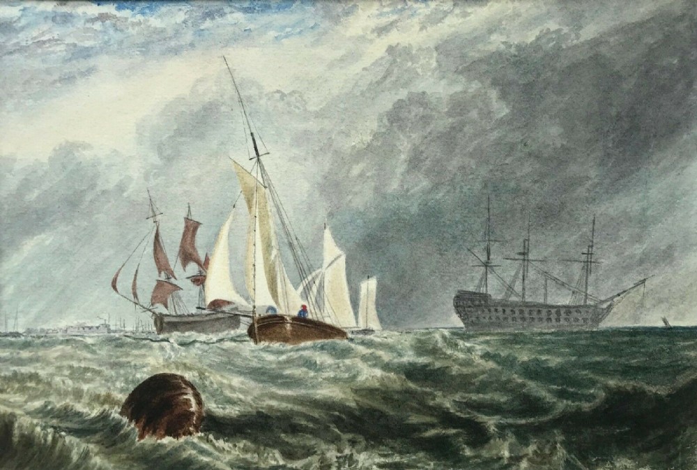 Original English Antique Watercolour Painting Marine Ship Fishing Boat Seascape 