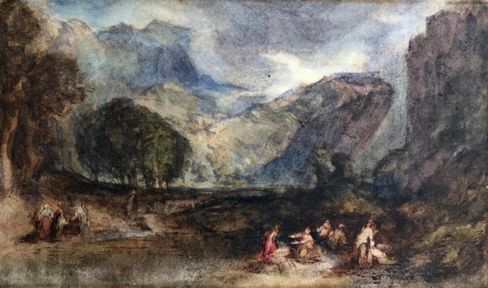 Circle of JMW Turner Original Antique Watercolour Painting Mountain Landscape