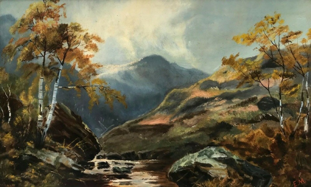 Signed E.M. Original Antique Oil Painting Highland Stream Landscape Scene